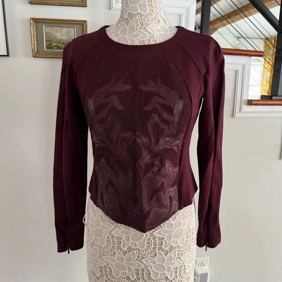a. moss Maroon Leather Mesh Embroidered Top M - Picture 1 of 7